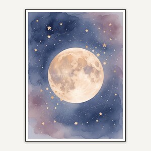 Watercolor full moon with stars in indigo and sand