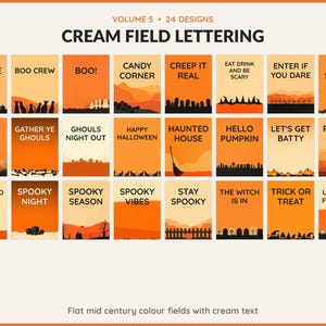 Volume 5 Cream Field Lettering: 24 printable Halloween art designs, flat mid century colour fields with cream text