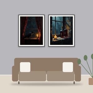 Candlelit Manor Studies printable art framed above a sofa in a styled living room