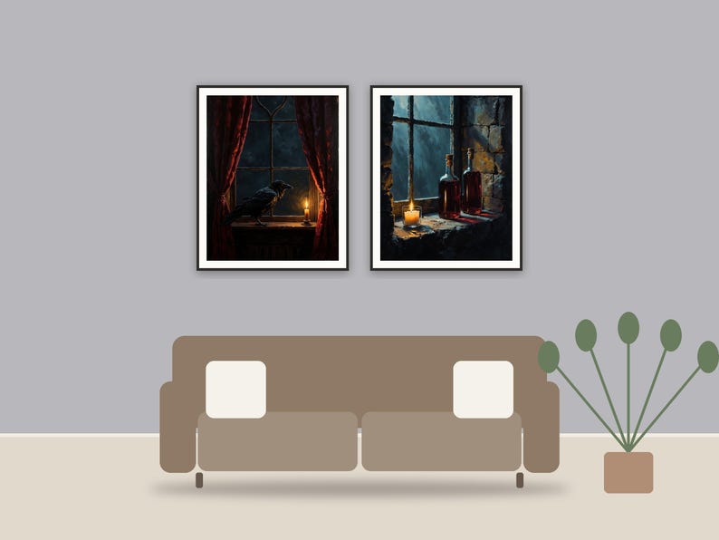 Candlelit Manor Studies printable art framed above a sofa in a styled living room