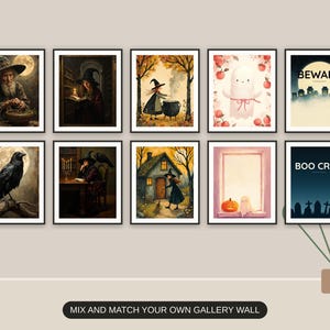Ten Halloween prints from the bundle framed together as a gallery wall above a console table
