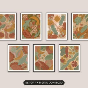 Set of 7 boho abstract printable prints shown as a gallery wall