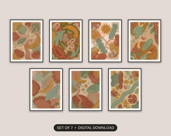 Warm Earth Boho Abstract Wall Art Set of 7 | Terracotta Gallery Prints for Living Room | Digital Download