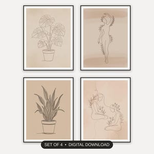 Set of 4 minimalist one-line art printable prints shown as a gallery wall