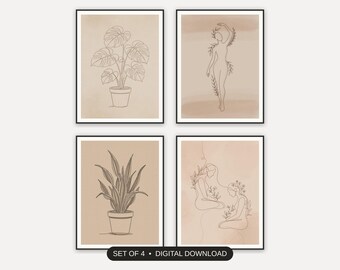 Minimalist Line Art Set of 4 | Boho Plant Prints for Living Room | Home Office Decor Digital Download
