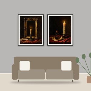 Gothic Candle Studies printable art framed above a sofa in a styled living room