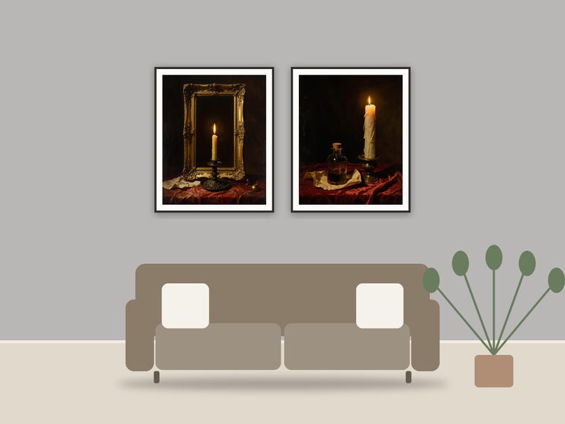 Gothic Candle Studies printable art framed above a sofa in a styled living room