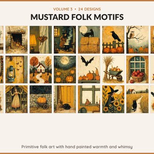 Volume 3 Mustard Folk Motifs: 24 printable Halloween art designs, primitive folk art with hand painted warmth and whimsy