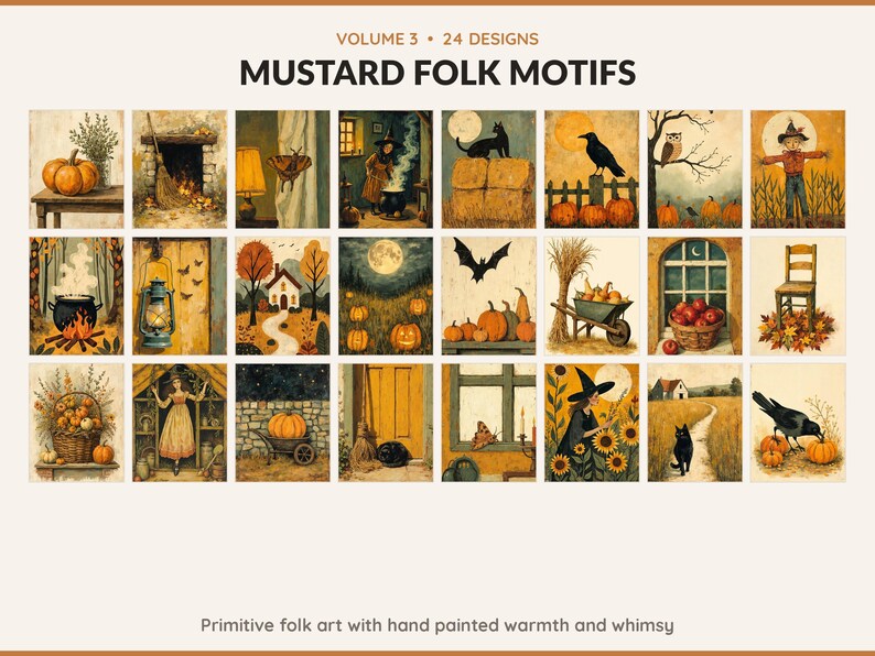 Volume 3 Mustard Folk Motifs: 24 printable Halloween art designs, primitive folk art with hand painted warmth and whimsy