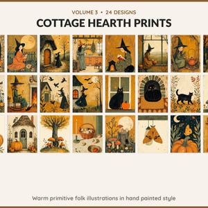 Volume 3 Cottage Hearth Prints: 24 printable Halloween art designs, warm primitive folk illustrations in hand painted style