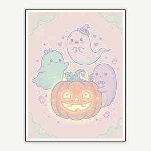 Three friendly ghosts around glowing pumpkin