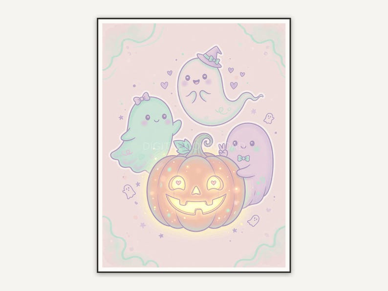 Three friendly ghosts around glowing pumpkin