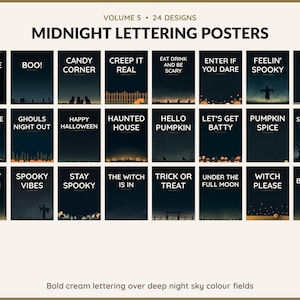 Volume 5 Midnight Lettering Posters: 24 printable Halloween art designs, bold cream lettering over deep night sky colour fields
