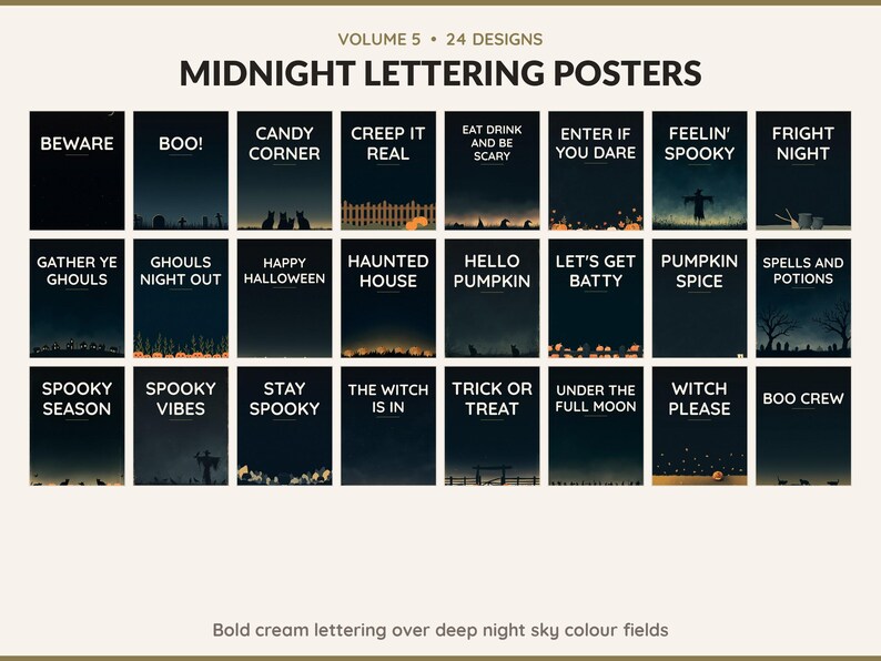 Volume 5 Midnight Lettering Posters: 24 printable Halloween art designs, bold cream lettering over deep night sky colour fields