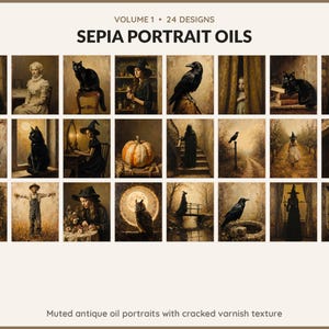Volume 1 Sepia Portrait Oils: 24 printable Halloween art designs, muted antique oil portraits with cracked varnish texture