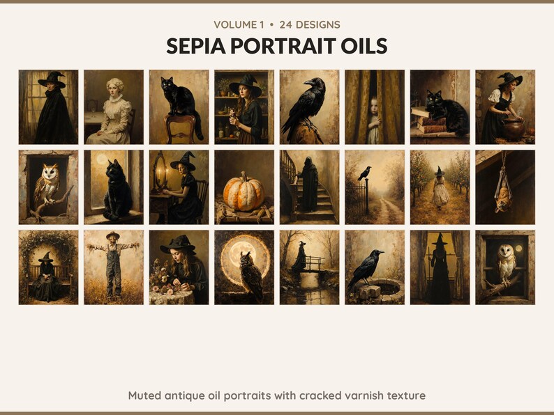Volume 1 Sepia Portrait Oils: 24 printable Halloween art designs, muted antique oil portraits with cracked varnish texture