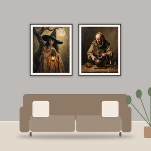 Sepia Lantern Portraits printable art framed above a sofa in a styled living room
