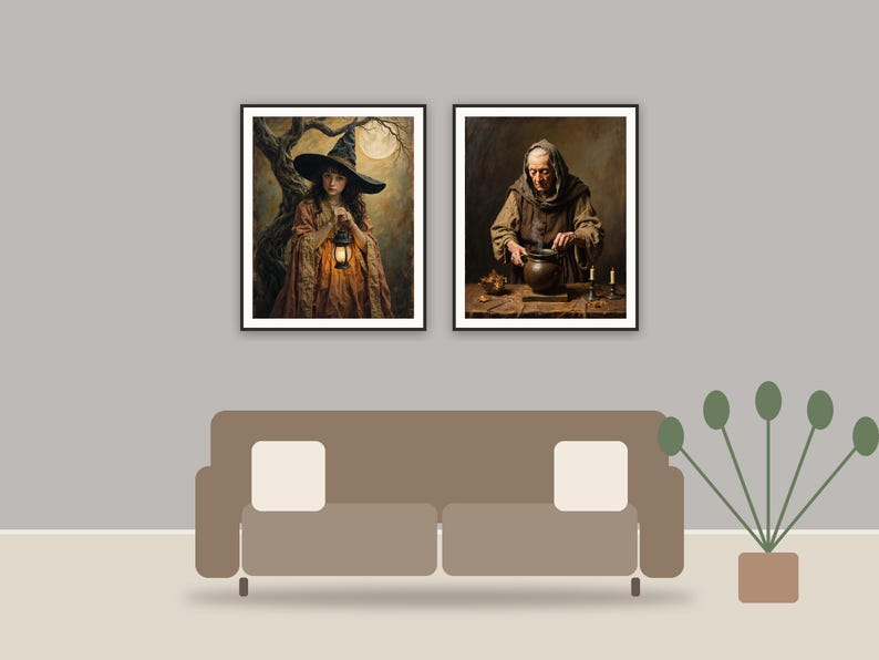 Sepia Lantern Portraits printable art framed above a sofa in a styled living room