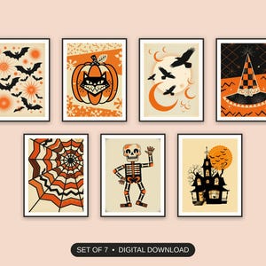 Set of 7 halloween decor printable prints shown as a gallery wall