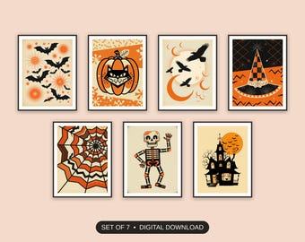 Retro Halloween, Set Of 7 Prints, Mid Century Halloween Art, Gallery Wall Entryway Decor, Atomic Diner Style, Digital Download