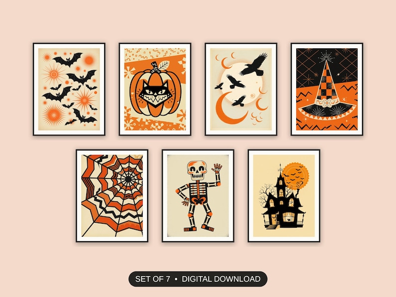 Set of 7 halloween decor printable prints shown as a gallery wall