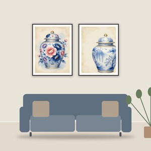 chinoiserie wall art printable art framed above a sofa in a styled living room