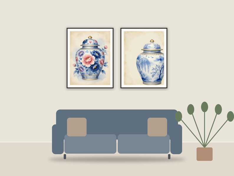 chinoiserie wall art printable art framed above a sofa in a styled living room
