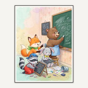 Rabbit writing on a chalkboard in soft watercolor storybook style