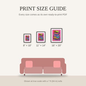 Print size guide showing 8x10, 11x14, and 16x20 framed prints at true scale beside a sofa