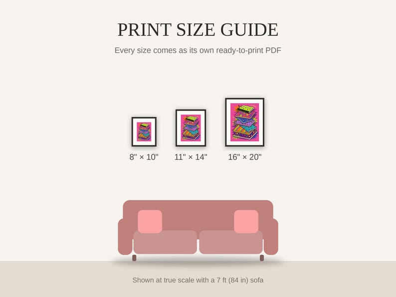 Print size guide showing 8x10, 11x14, and 16x20 framed prints at true scale beside a sofa