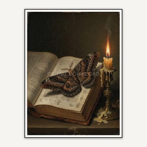 Moth on open ancient tome beside brass candlestick