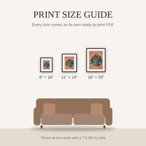 Print size guide showing 8x10, 11x14, and 16x20 framed prints at true scale beside a sofa