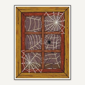 Whimsigoth primitive folk painting of spiderweb on wooden window