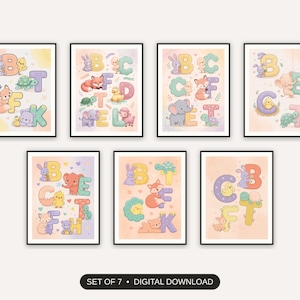 Set of 7 nursery animal art printable prints shown as a gallery wall