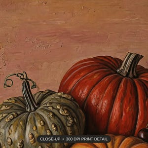 Close-up print detail of the rustic pumpkin still life artwork at 300 DPI