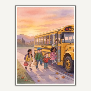 Children boarding school bus at sunrise