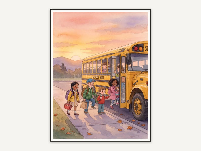 Children boarding school bus at sunrise
