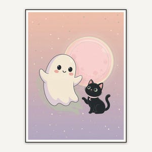 Pastel ghost and black cat under pink moon