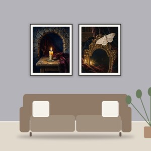 Gothic Candlelit Studies printable art framed above a sofa in a styled living room