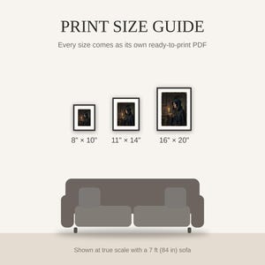 Print size guide showing 8x10, 11x14, and 16x20 framed prints at true scale beside a sofa