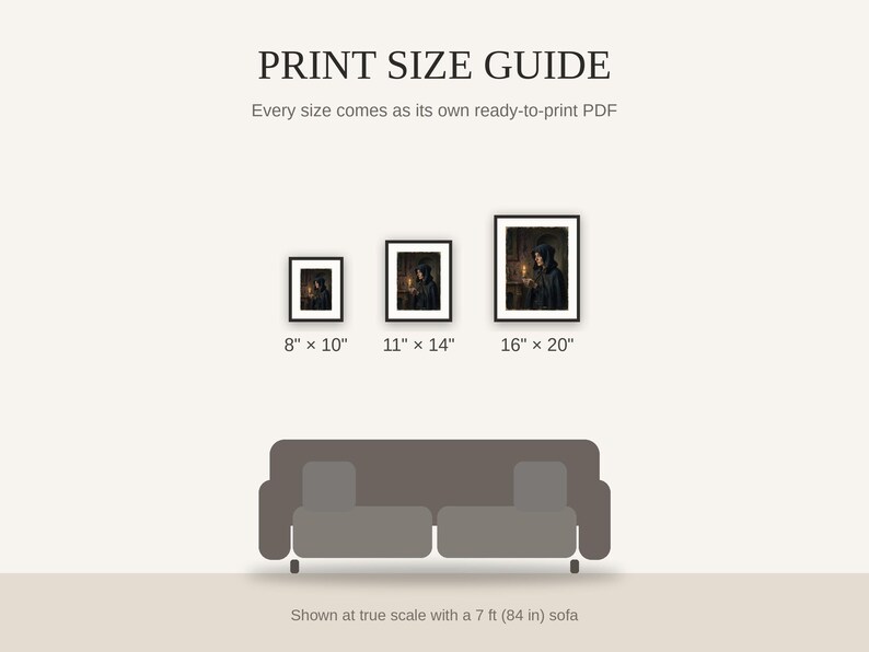 Print size guide showing 8x10, 11x14, and 16x20 framed prints at true scale beside a sofa
