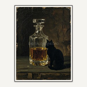 Vintage oil painting of crystal decanter and black cat silhouette