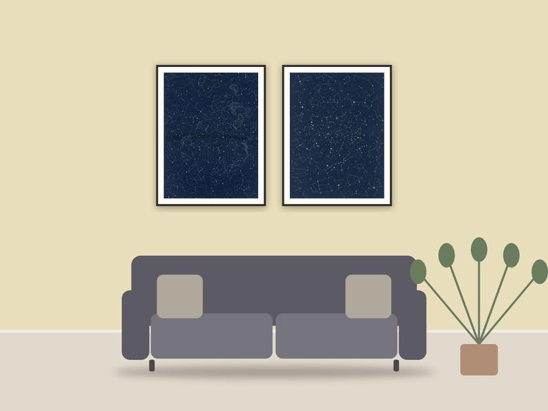 celestial zodiac art printable art framed above a sofa in a styled living room