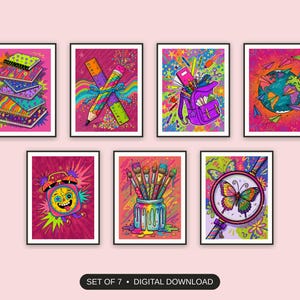 Set of 7 playful classroom icons printable prints shown as a gallery wall