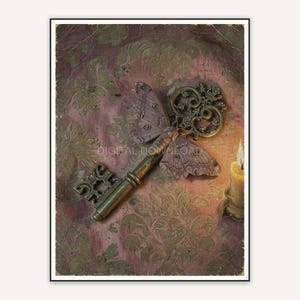 Skeleton key and moth on damask oil painting