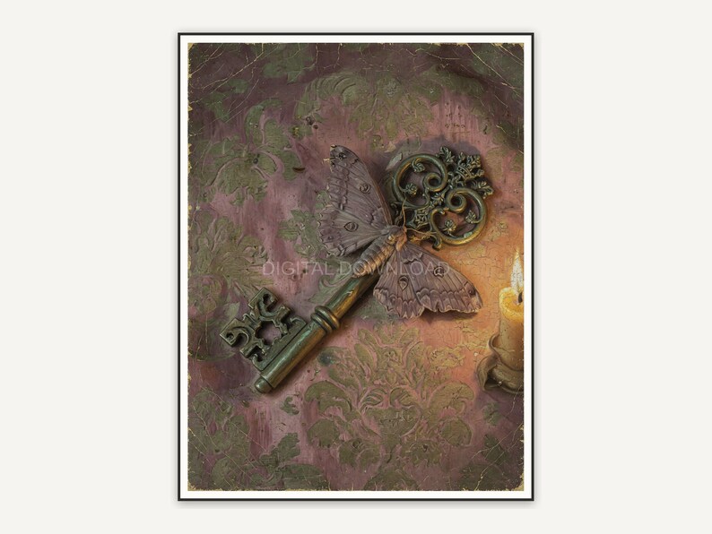 Skeleton key and moth on damask oil painting