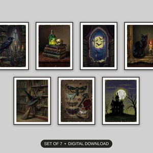 Set of 7 dark academia print printable prints shown as a gallery wall