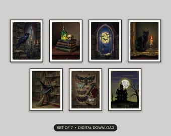 Dark Academia Kunstdruck-Set (7-teilig), Gothic-Wandkunst für Halloween, stimmungsvolle Bibliotheksdekoration, Bilderwand für die Gruselsaison, Kaminsims-Dekoration