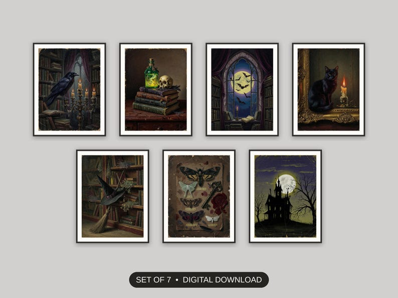Set of 7 dark academia print printable prints shown as a gallery wall
