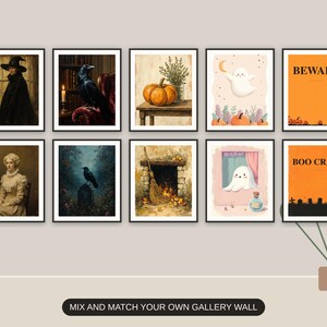 Ten Halloween prints from the bundle framed together as a gallery wall above a console table